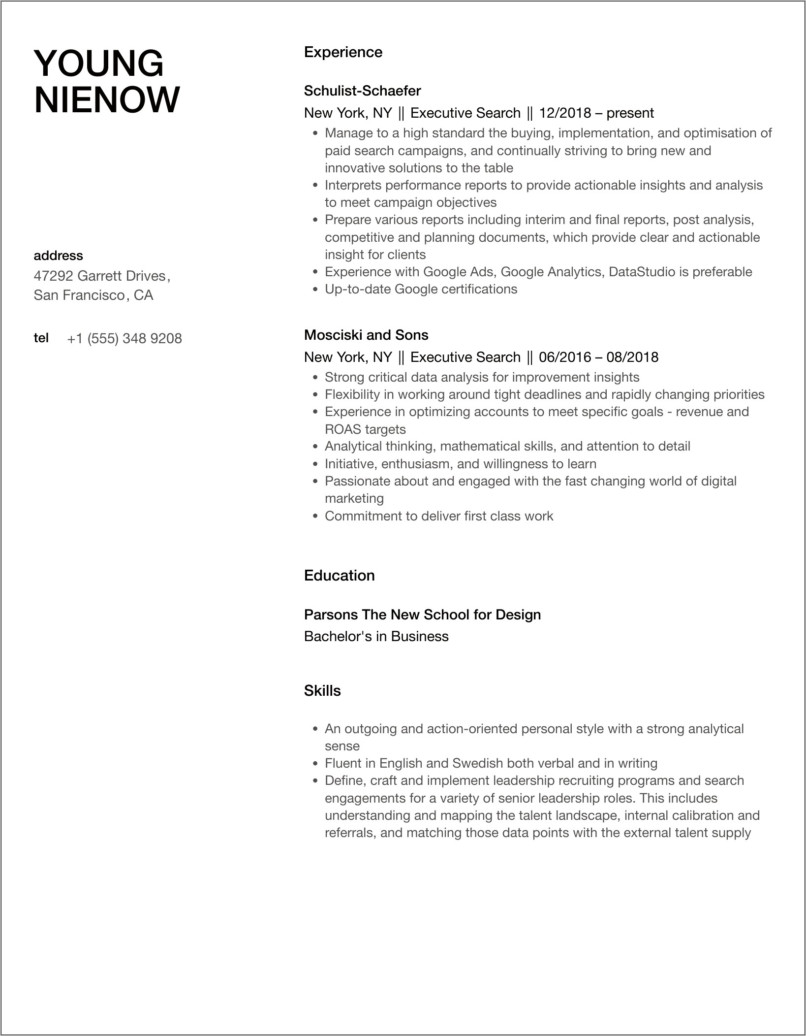 Executive Search Consultant Resume Sample