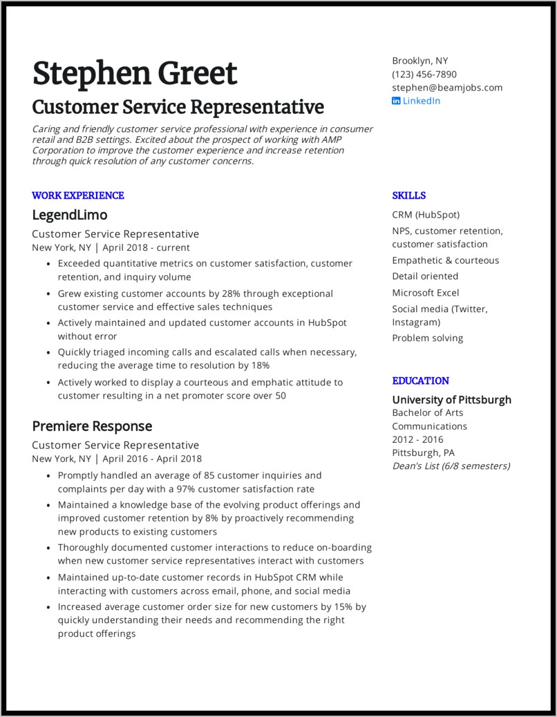 Experience Customer Service Resume Sample