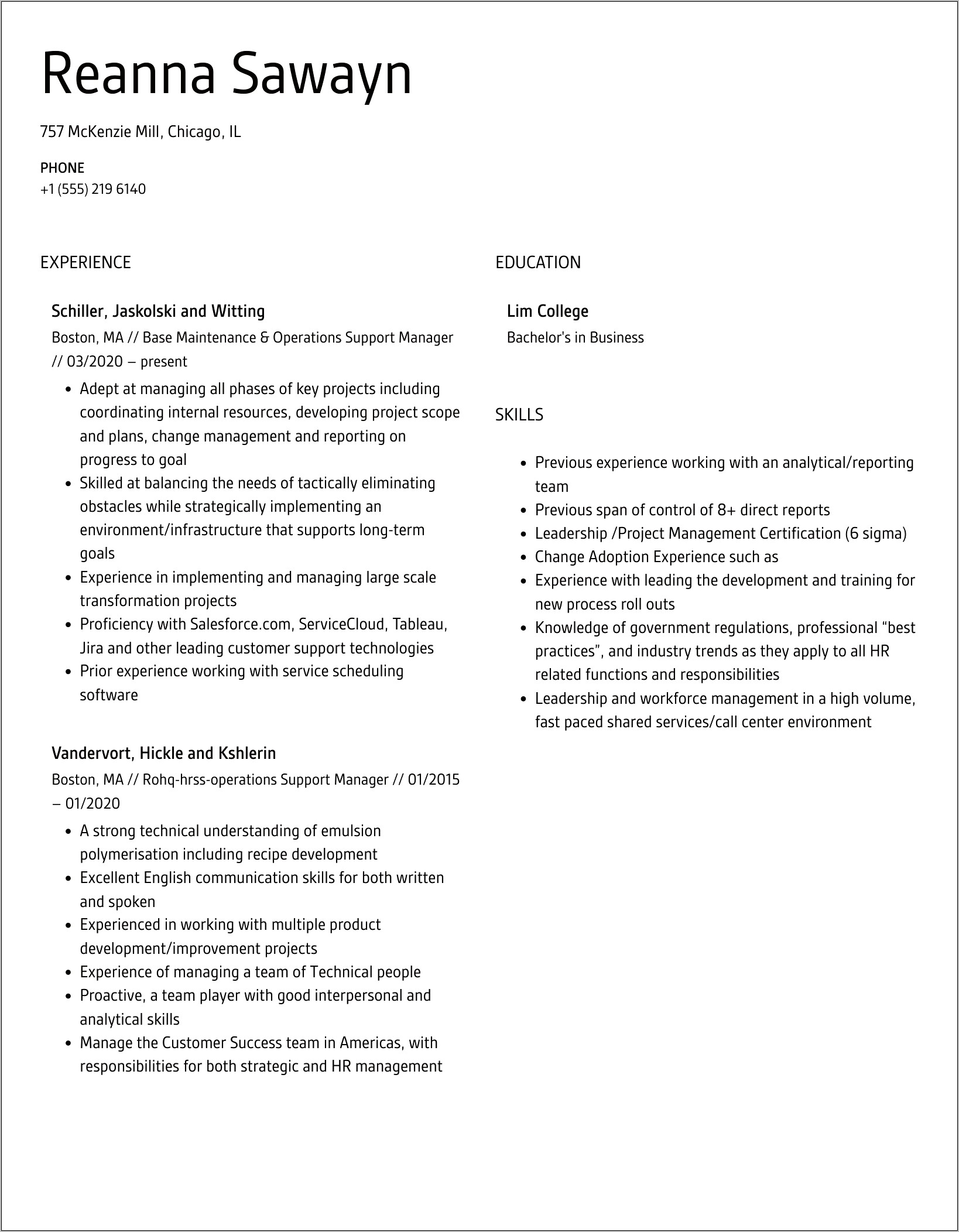 Experienced Operations Support Manager Resume