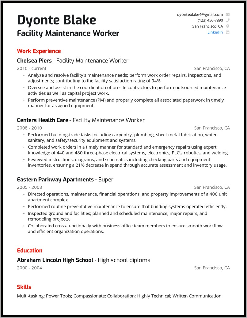 Facilities Maintenance Job Description Resume