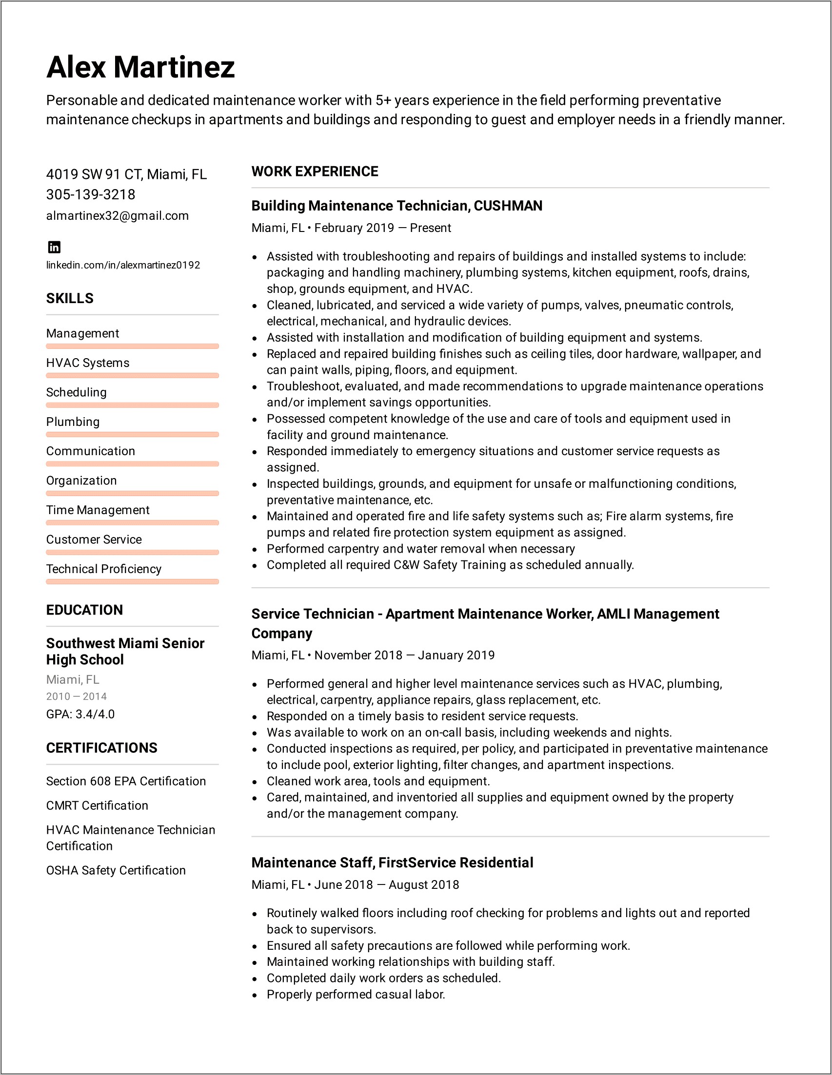 Facility Maintenance Worker Resume Examples