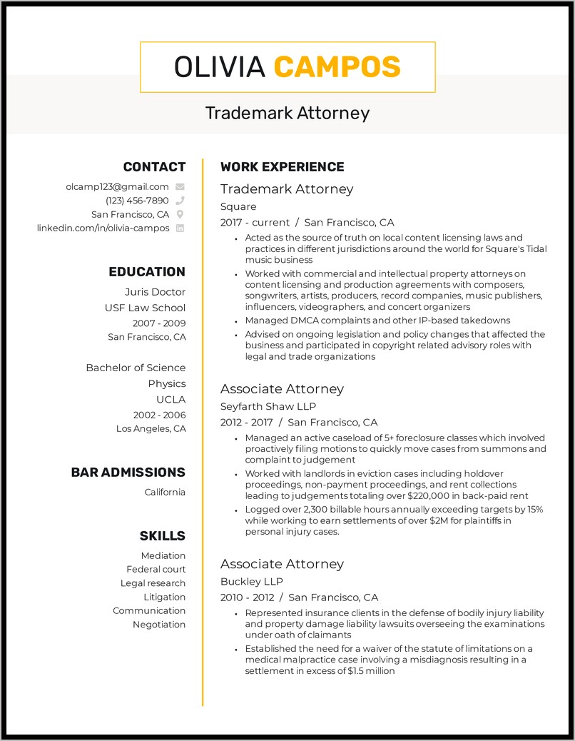 Family Law Attorney Resume Sample
