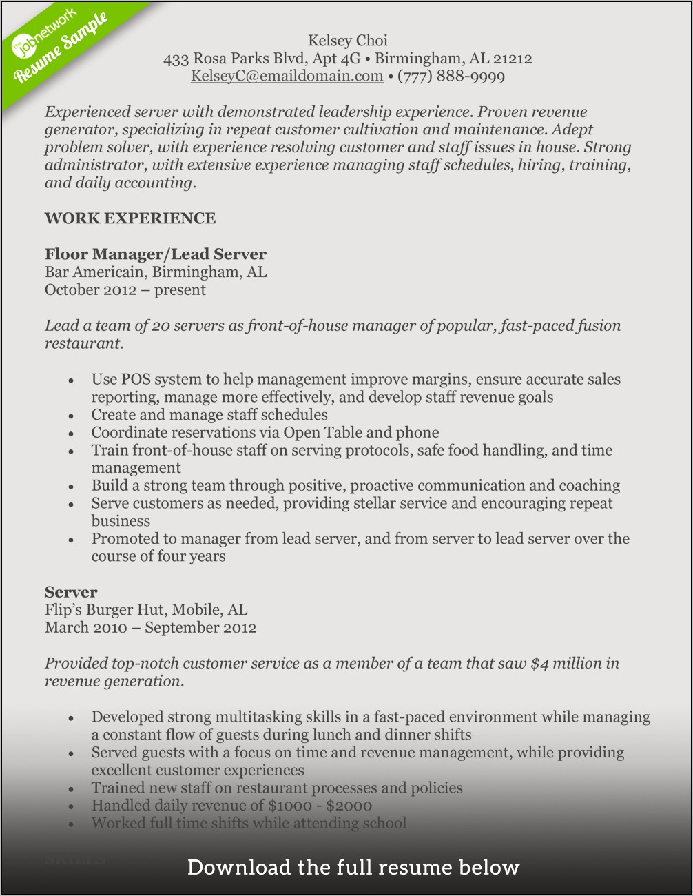 Fast Food Experience Resume Examples
