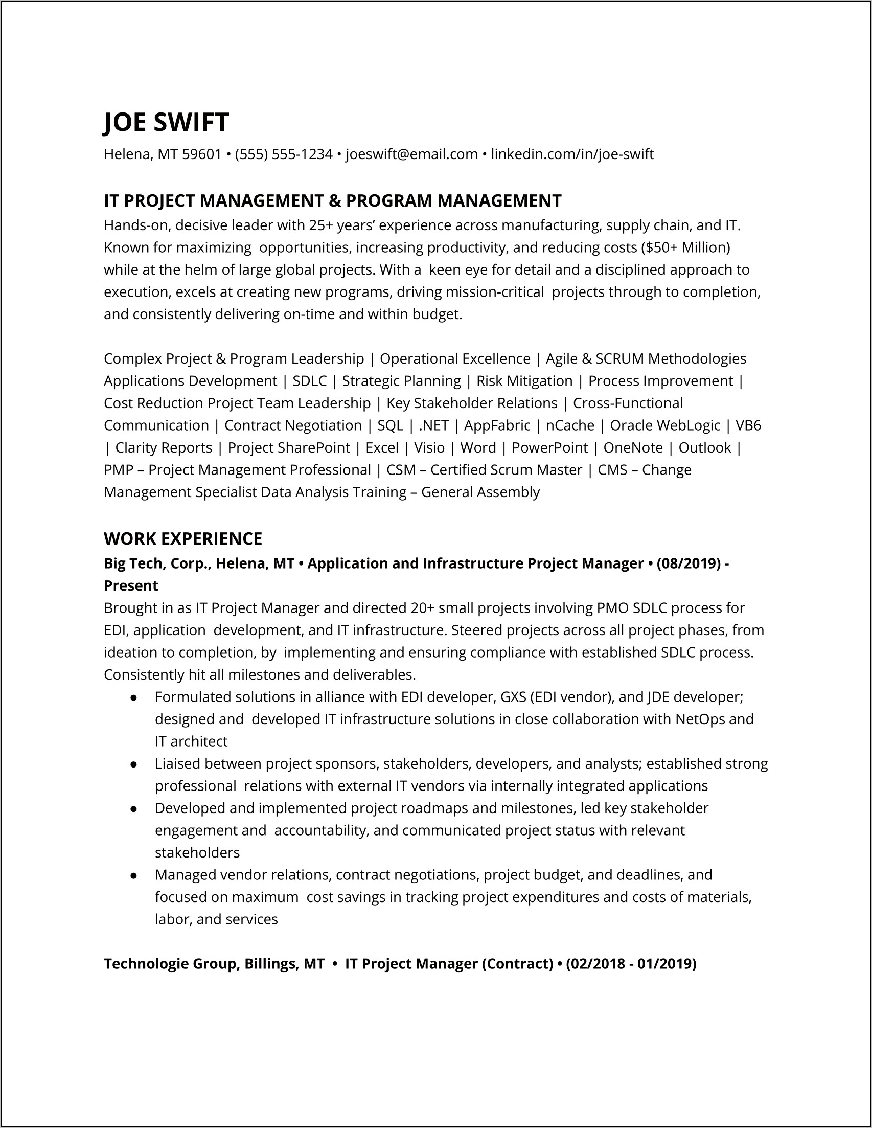Federal Resume For Project Manager
