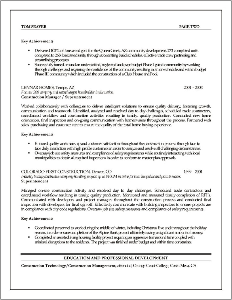 Fiber Construction Project Manager Resume