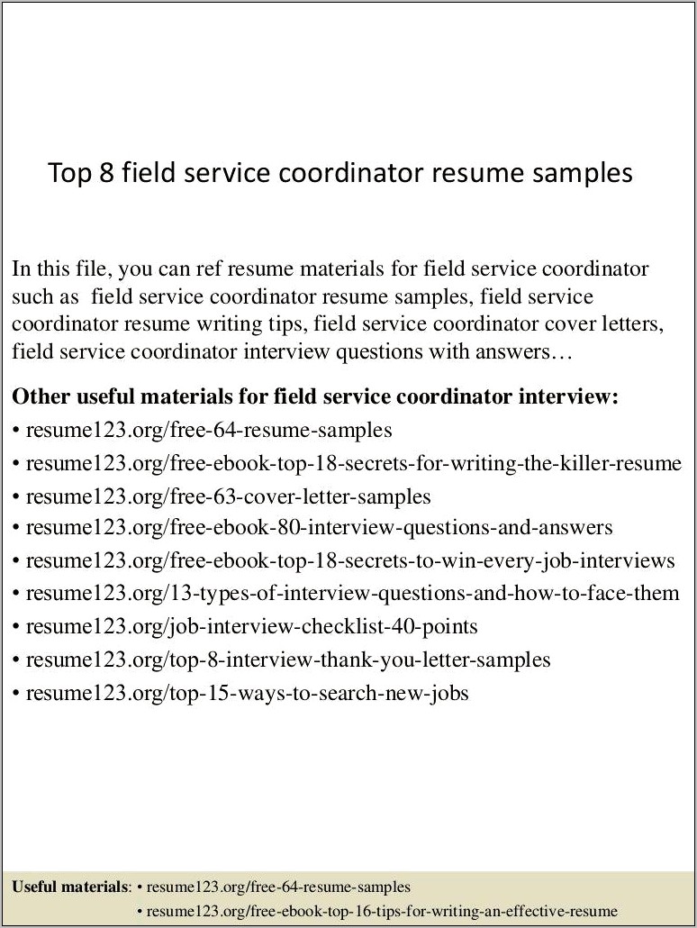 Field Service Coordinator Resume Samples