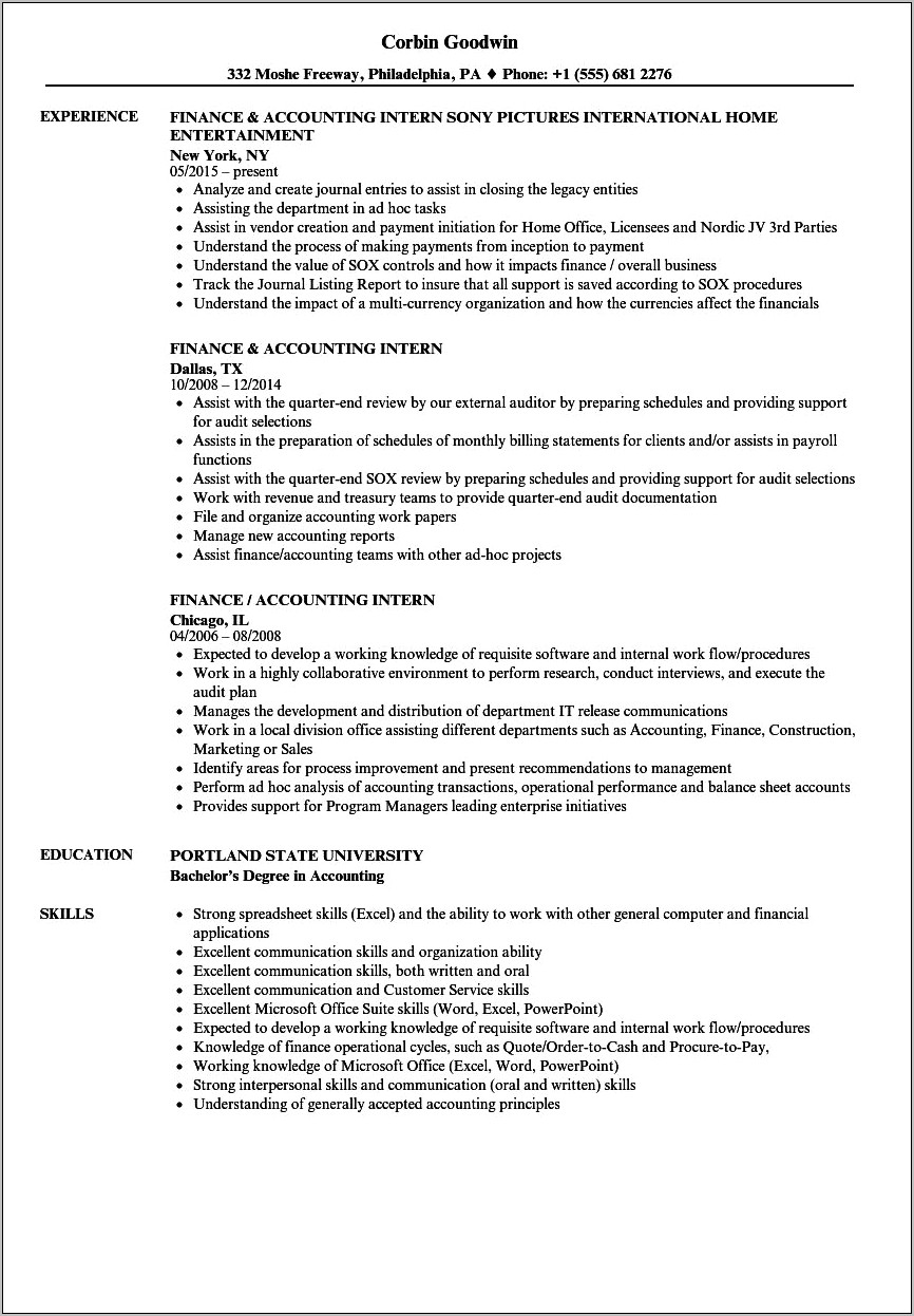 Finance Intern Job Description Resume