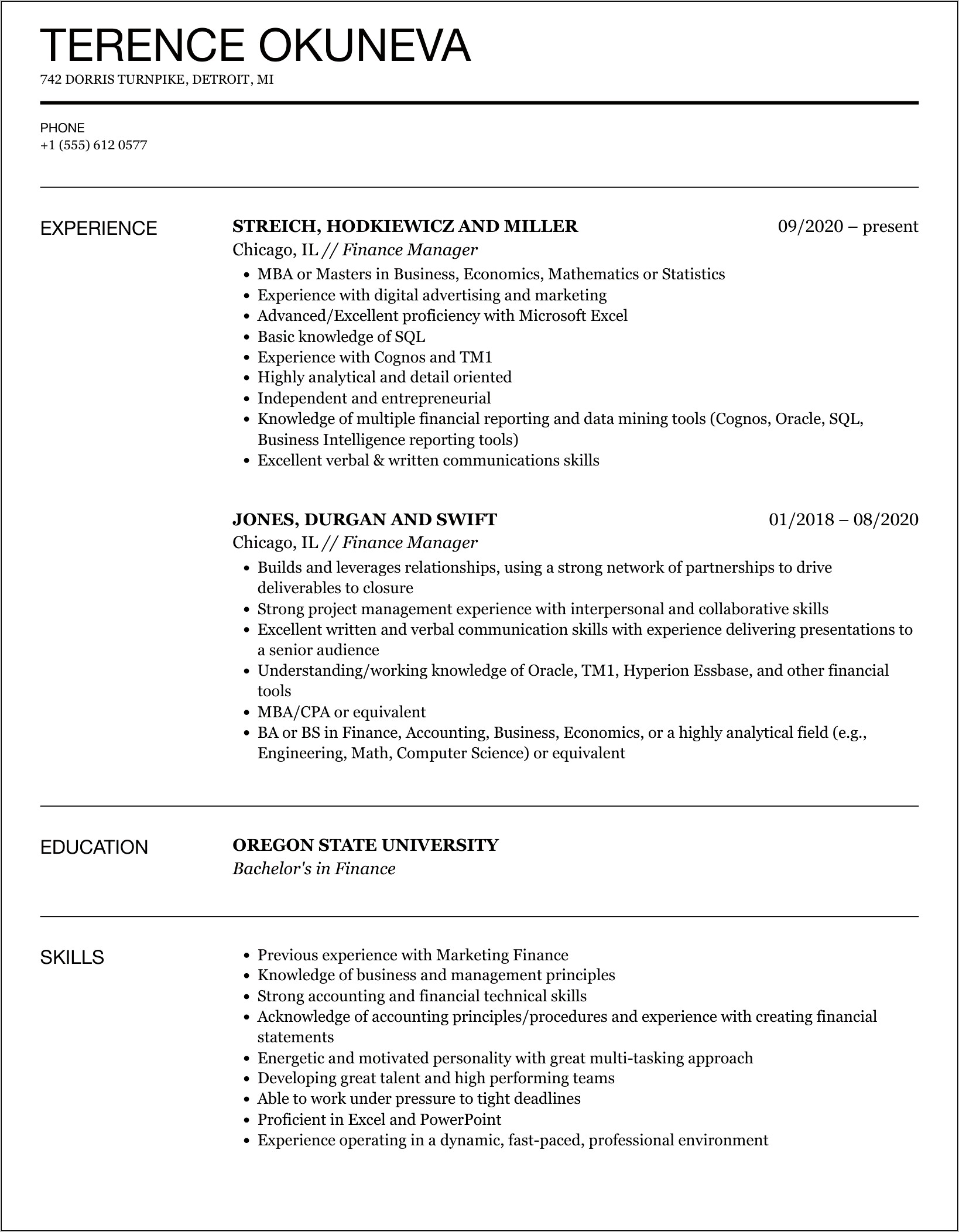 Finance Manager Resume Sample Canada