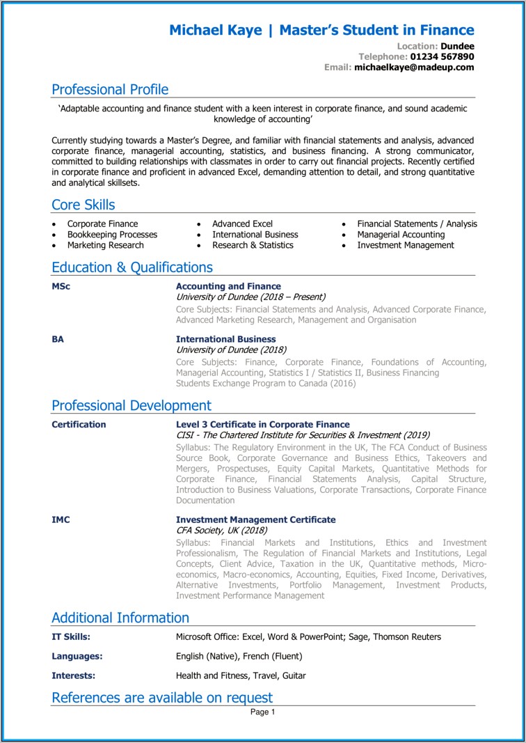 Finance Masters Degree Objective Resume
