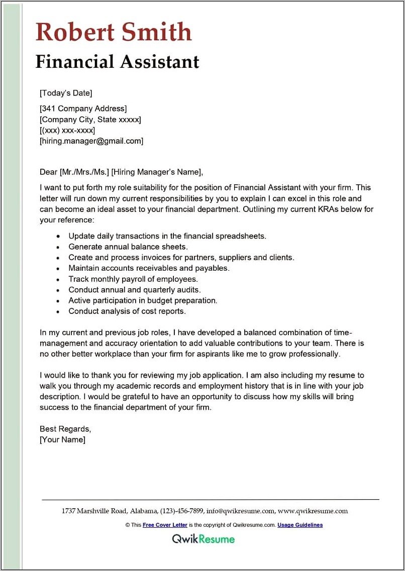 Finance Resume Cover Letter Sample