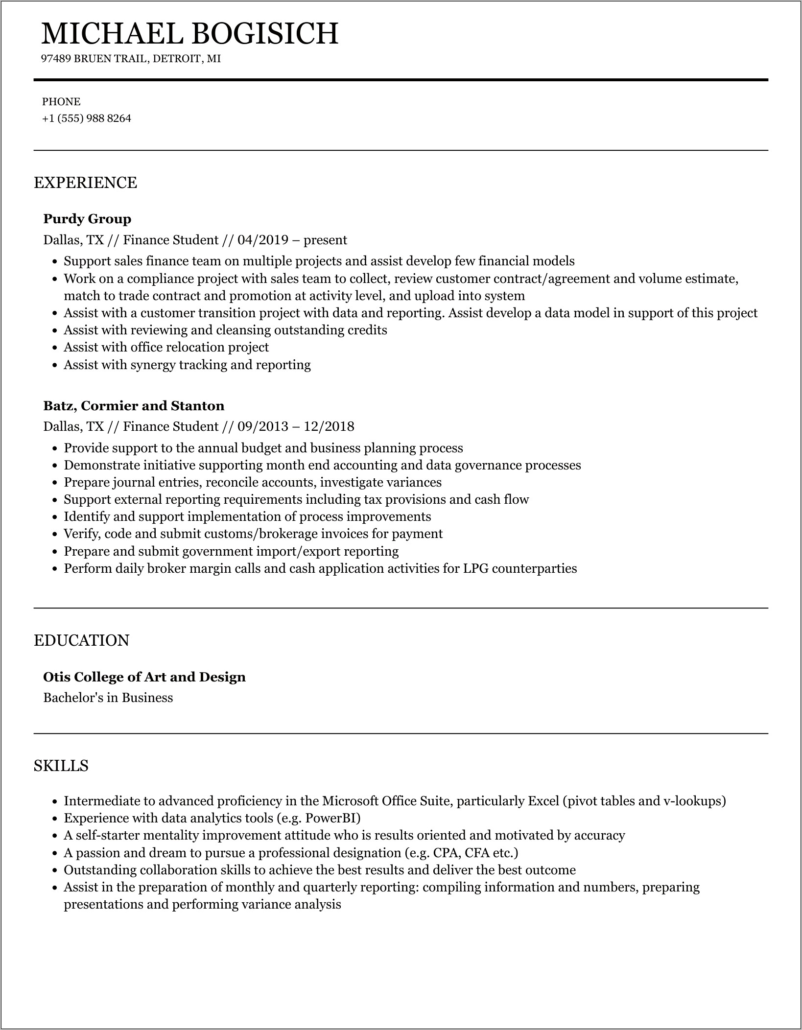 Finance Student Resume Objective Examples