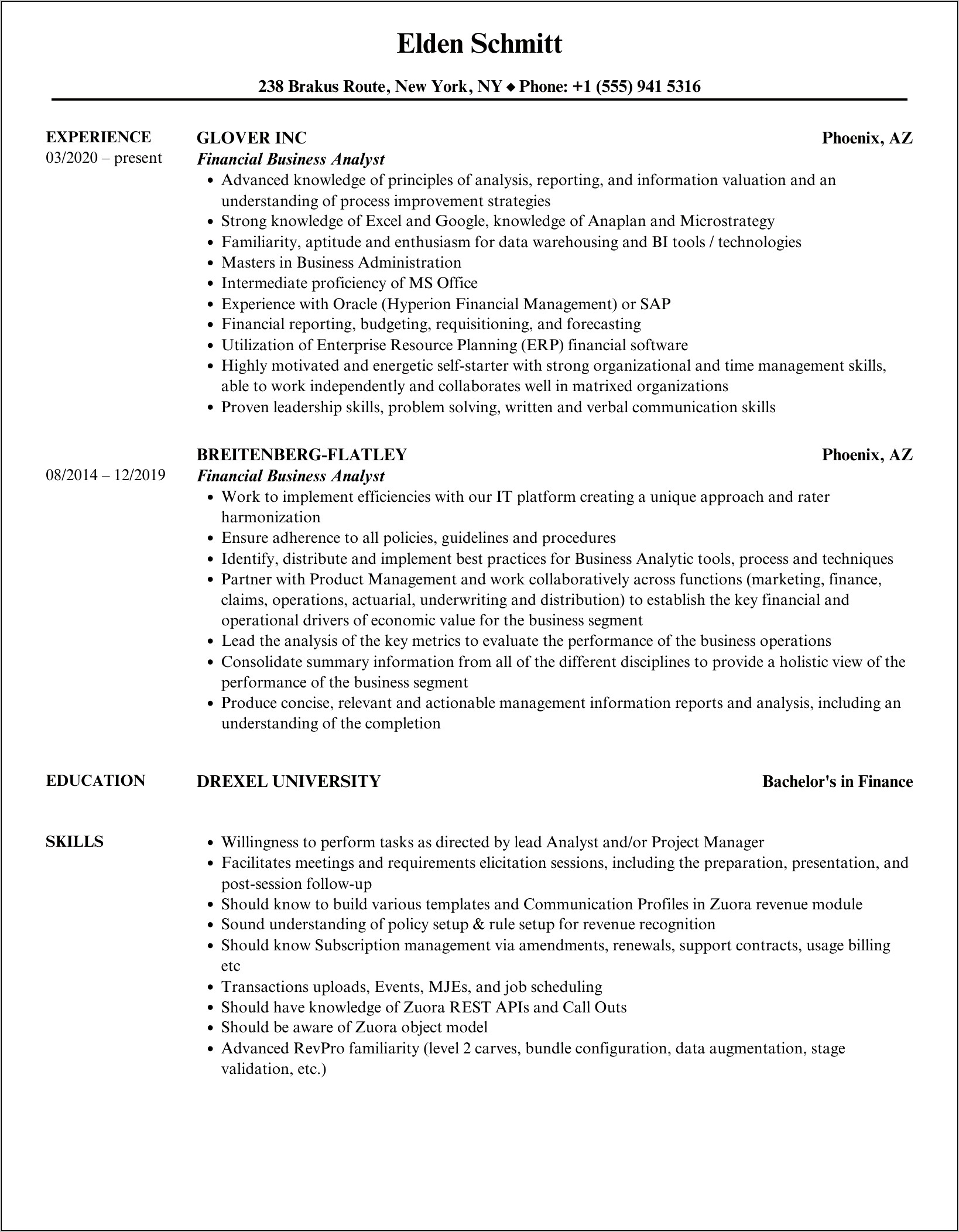 Financial Business Analyst Resume Sample