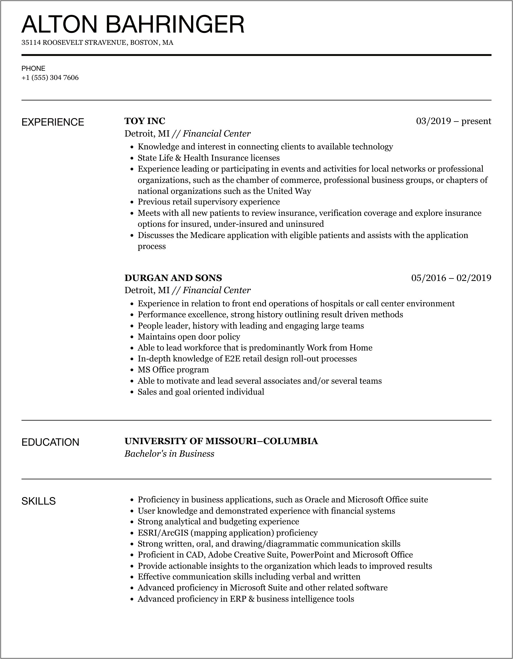 Financial Center Operations Manager Resume