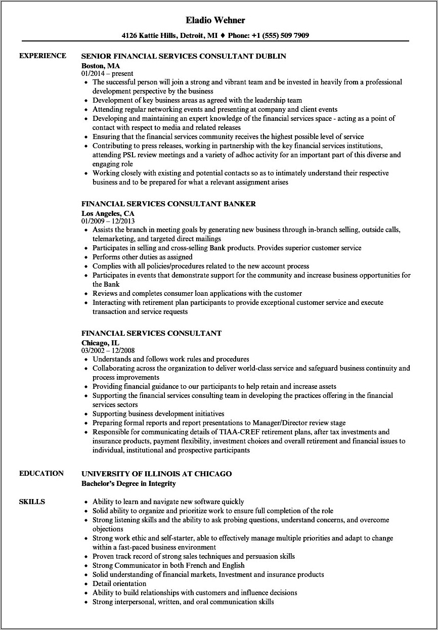 Financial Services Consultant Resume Samples