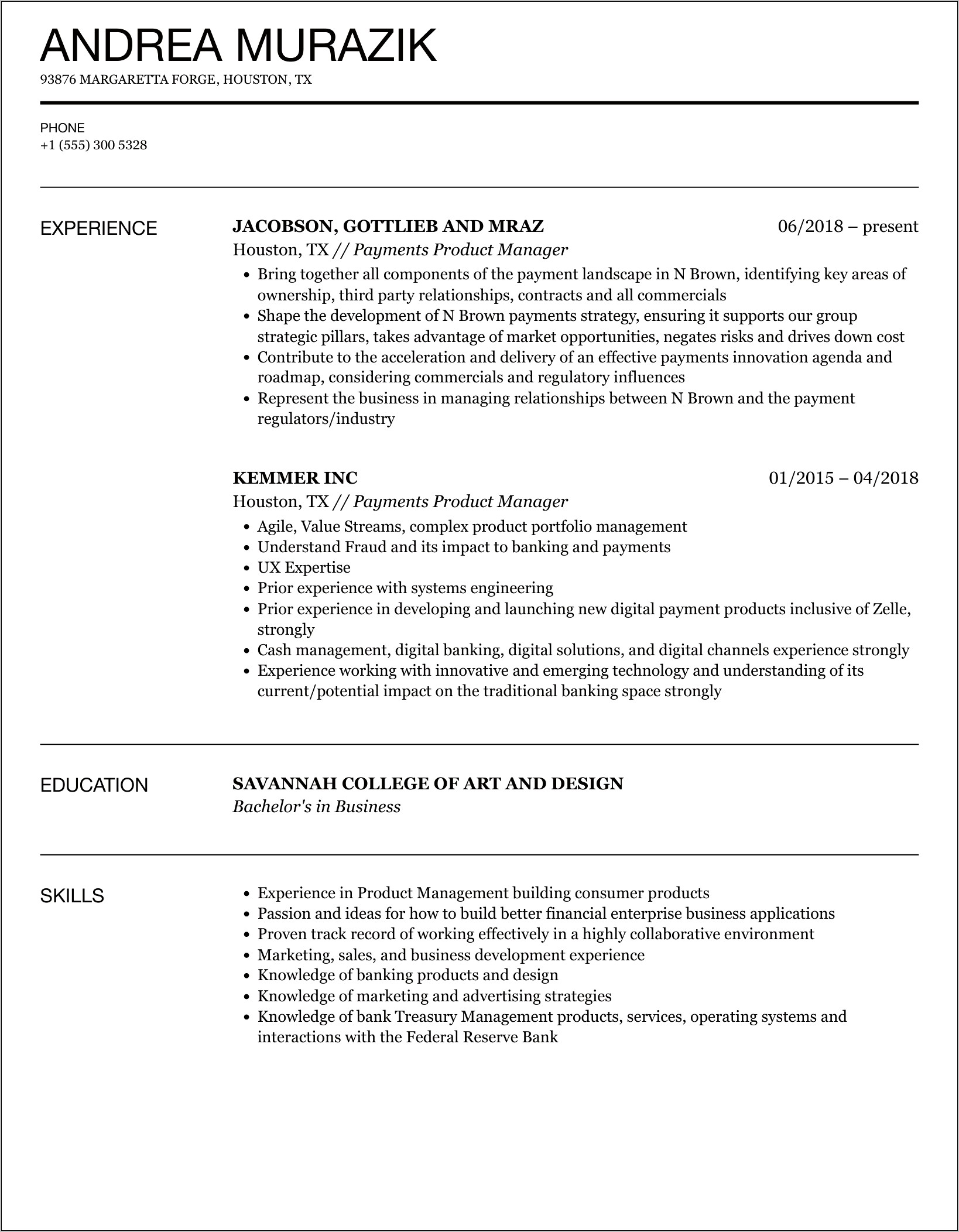 Financial Services Product Manager Resume