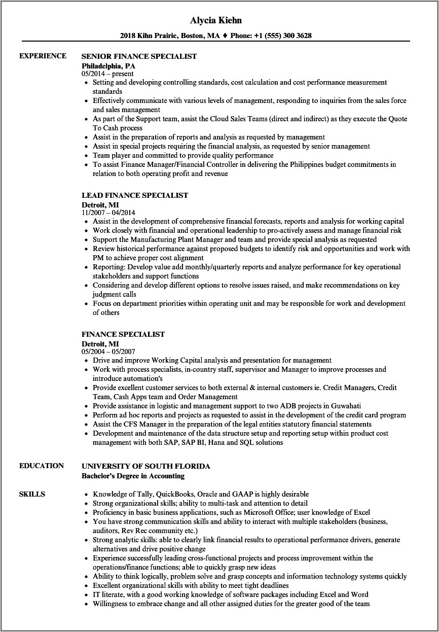 Financial Specialist Resume Summary Examples