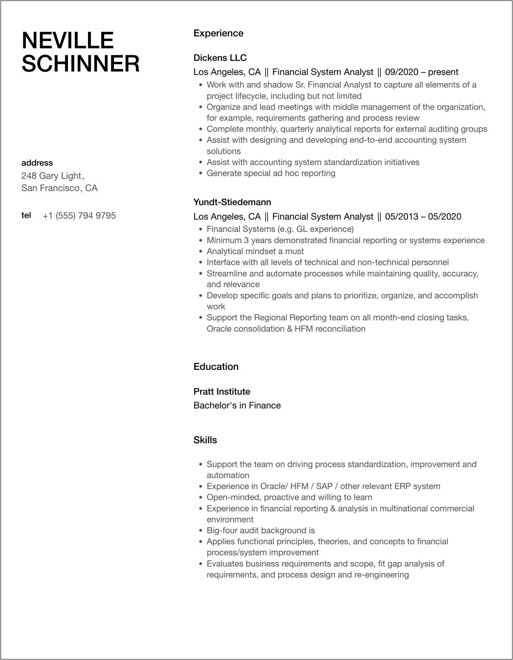 Financial Systems Analyst Sample Resume