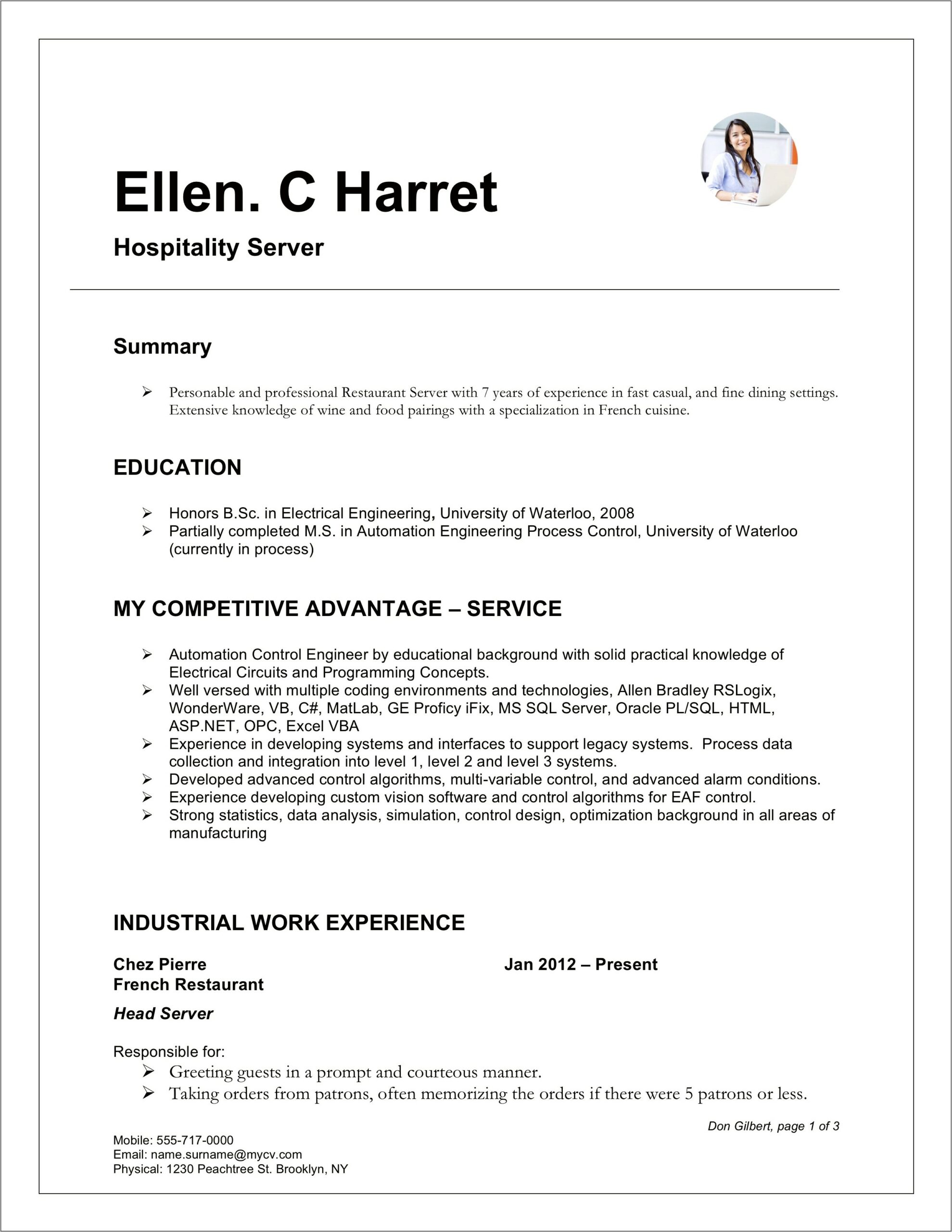 Fine Dining Server Resume Examples