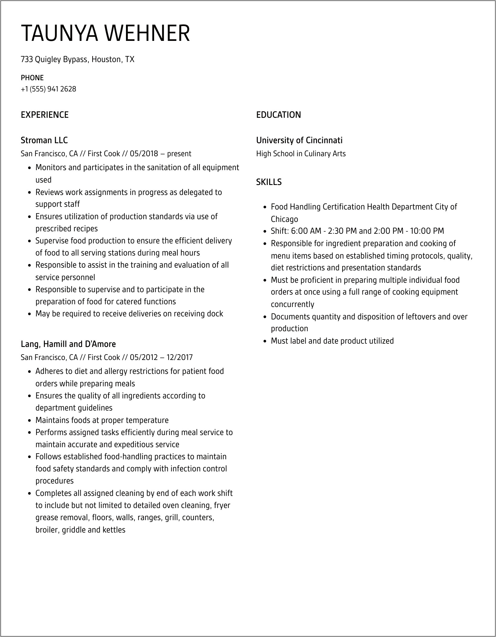First Cook Resume Objective Examples