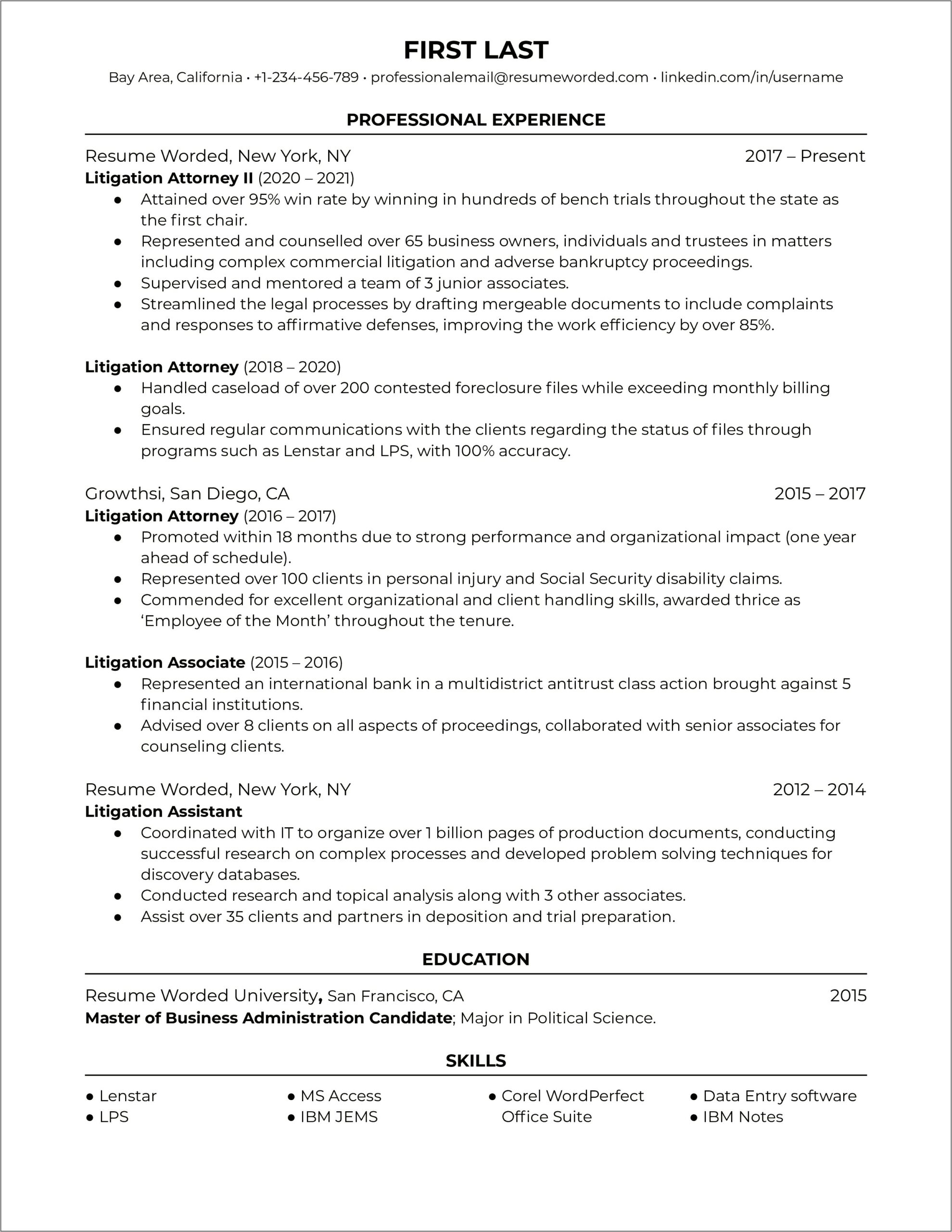 First Year Associate Sample Resume