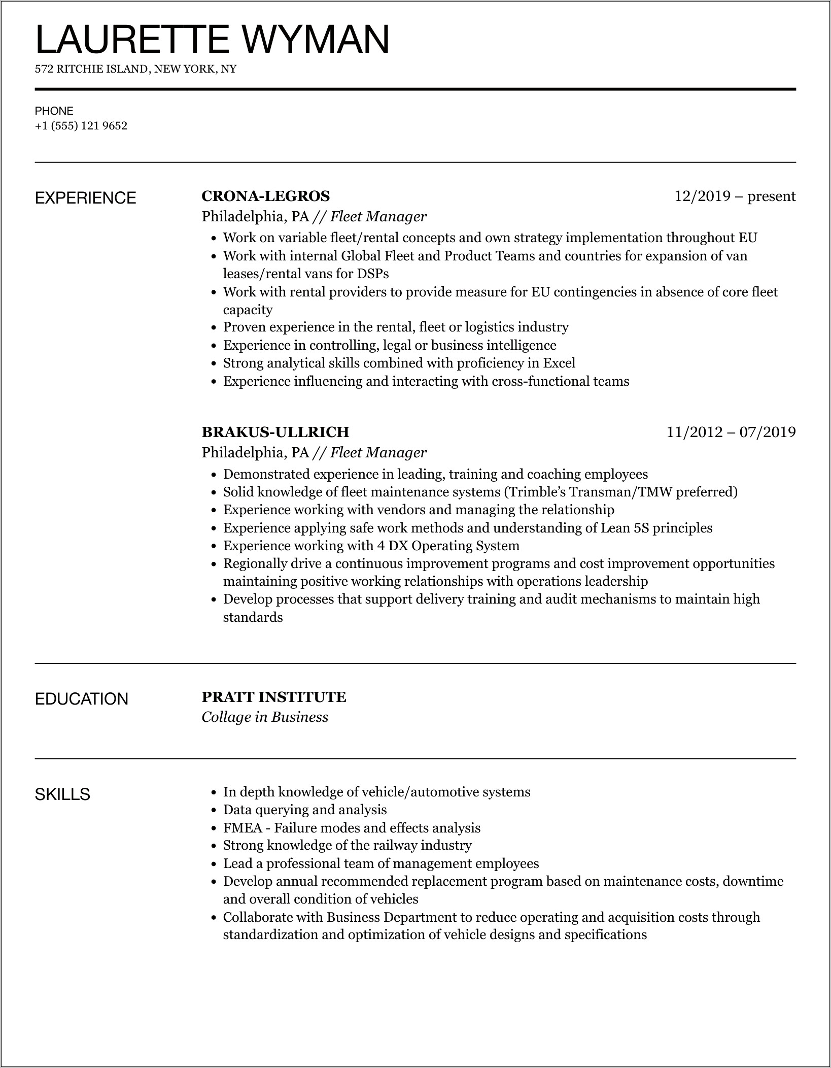 Fleet Operations Manager Example Resume