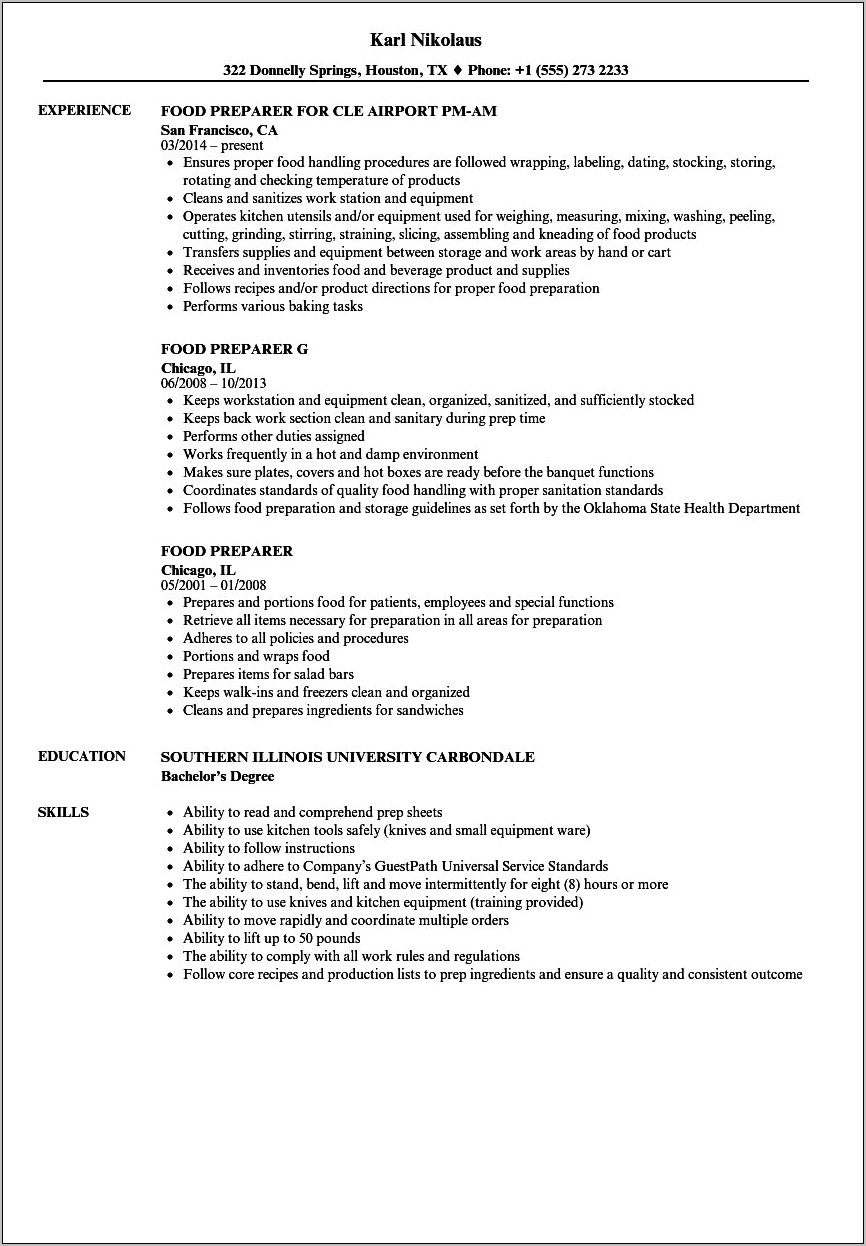 Food Preparation Job Description Resume