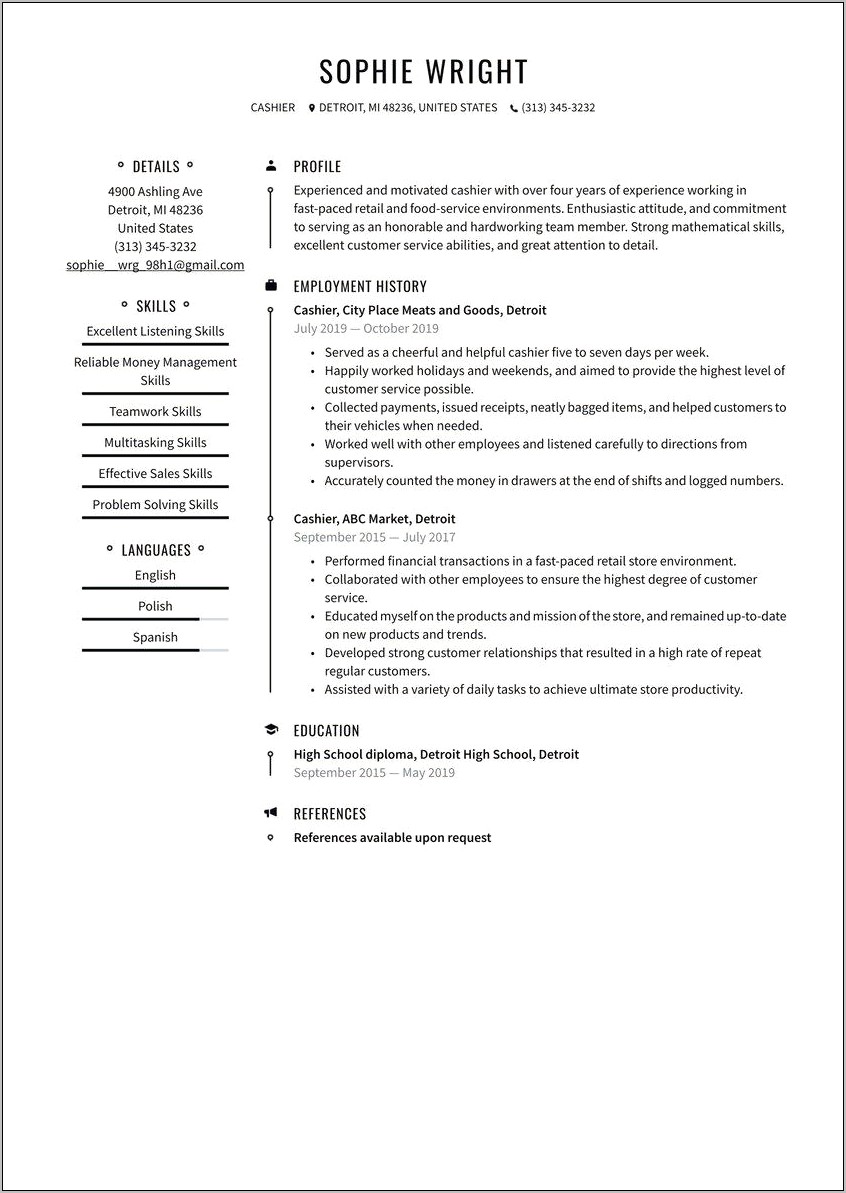 Food Service Cashier Resume Examples