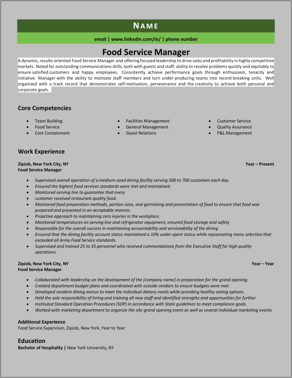 Food Service Industry Manager Resume