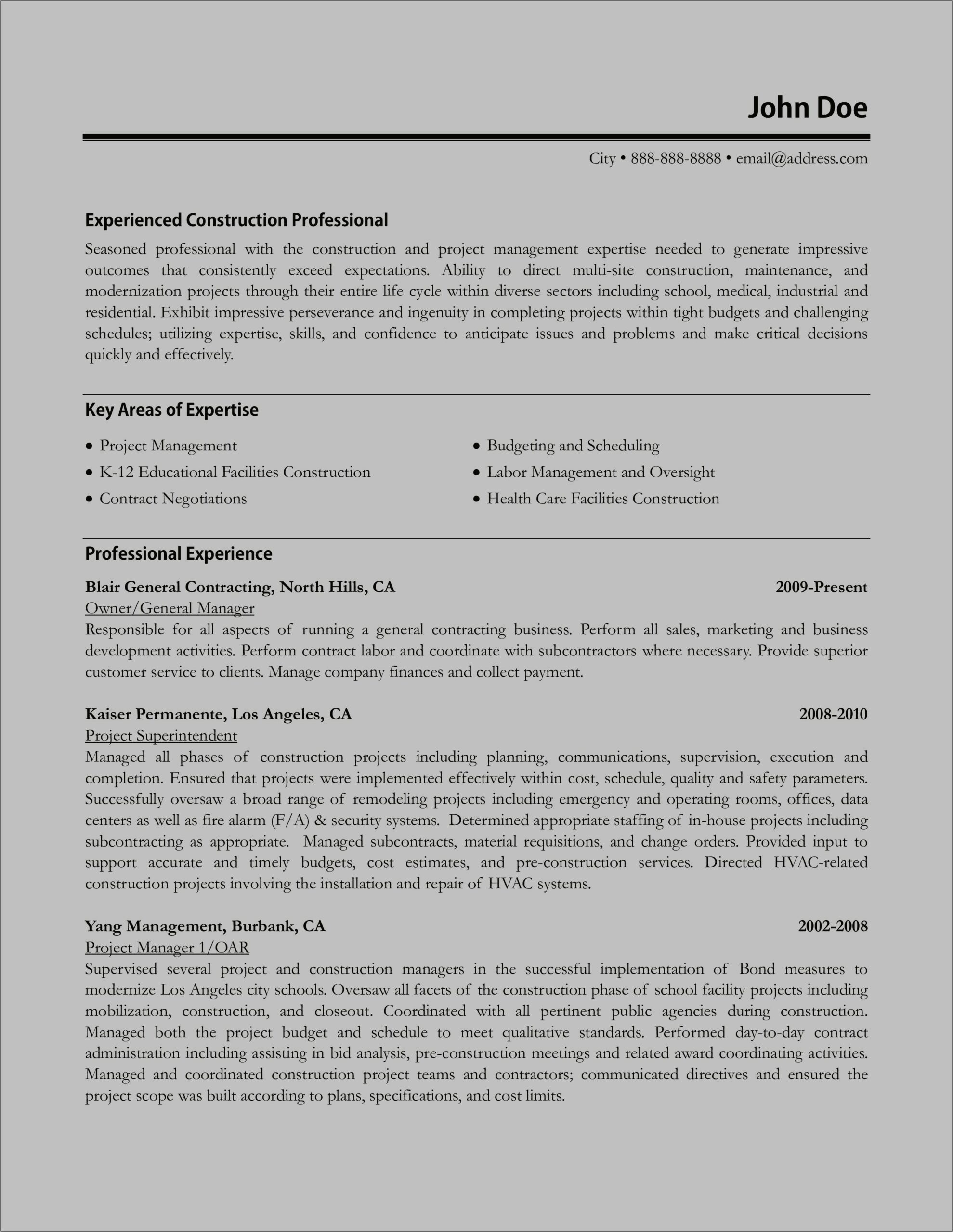 Free Construction Manager Resume Template