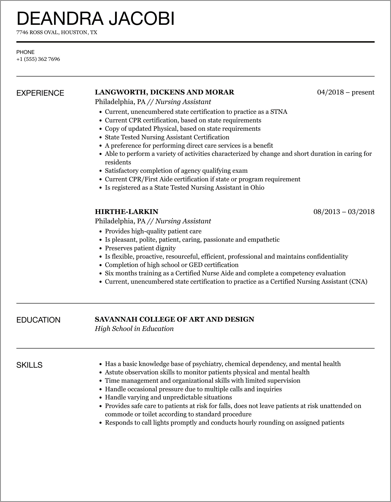 Free Example Of Cna Resume