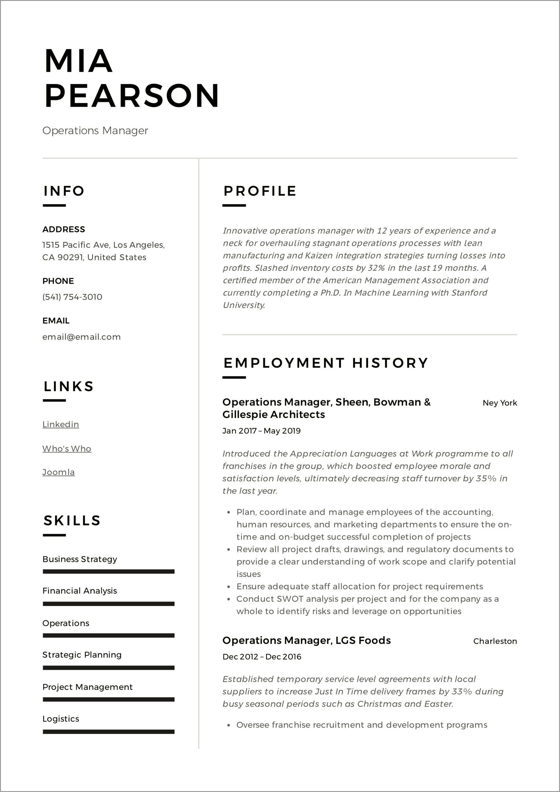 Free Operations Manager Resume Examples
