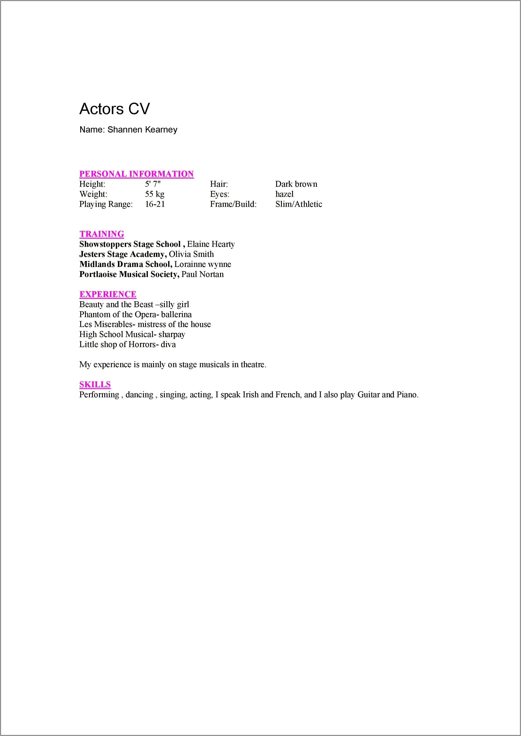 Free Performing Arts Resume Template