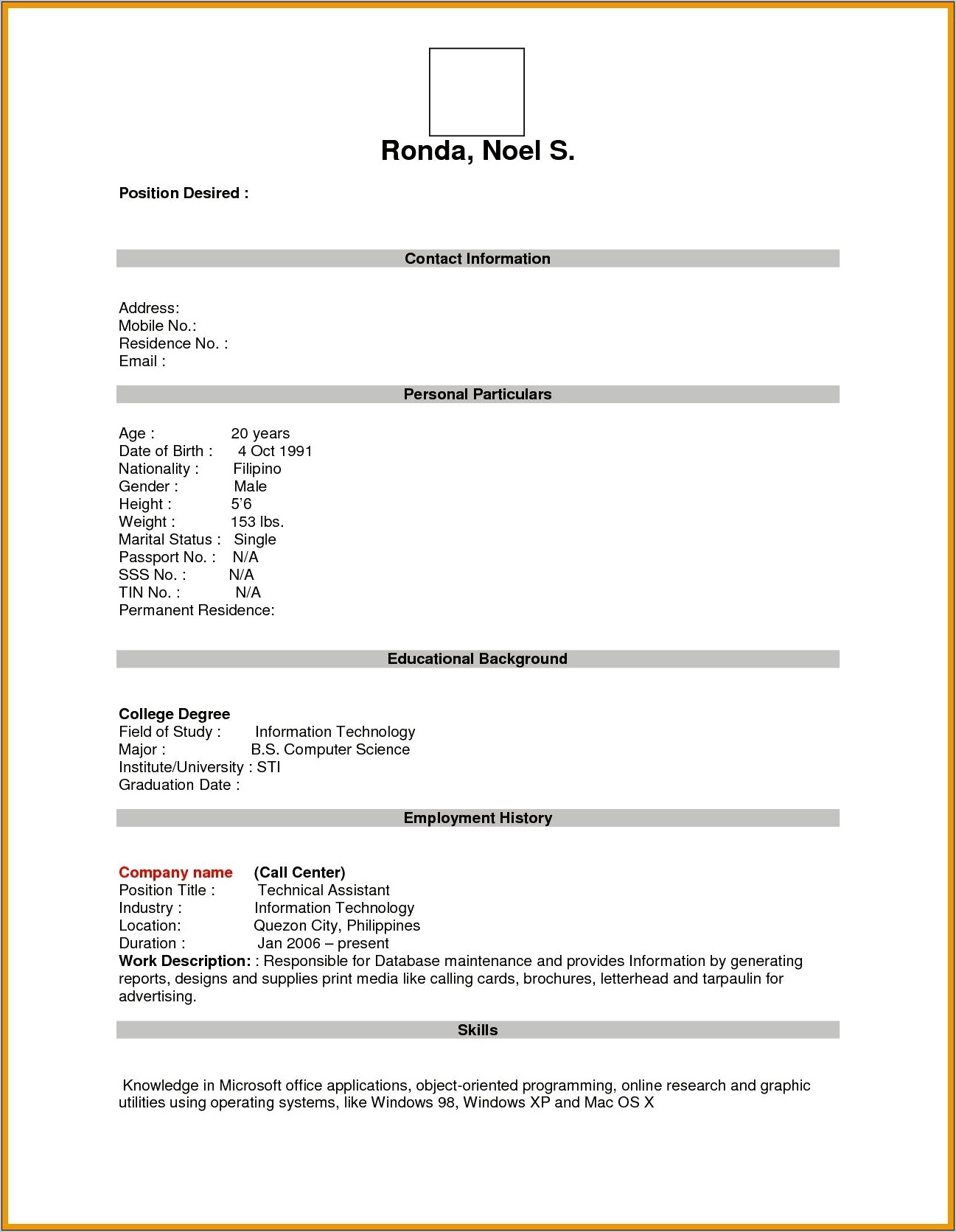 Free Resume Application Form Download