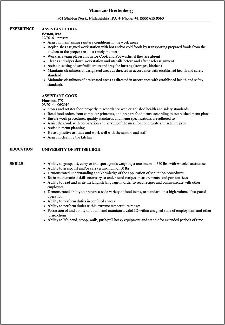 Free Resume For Chef Position