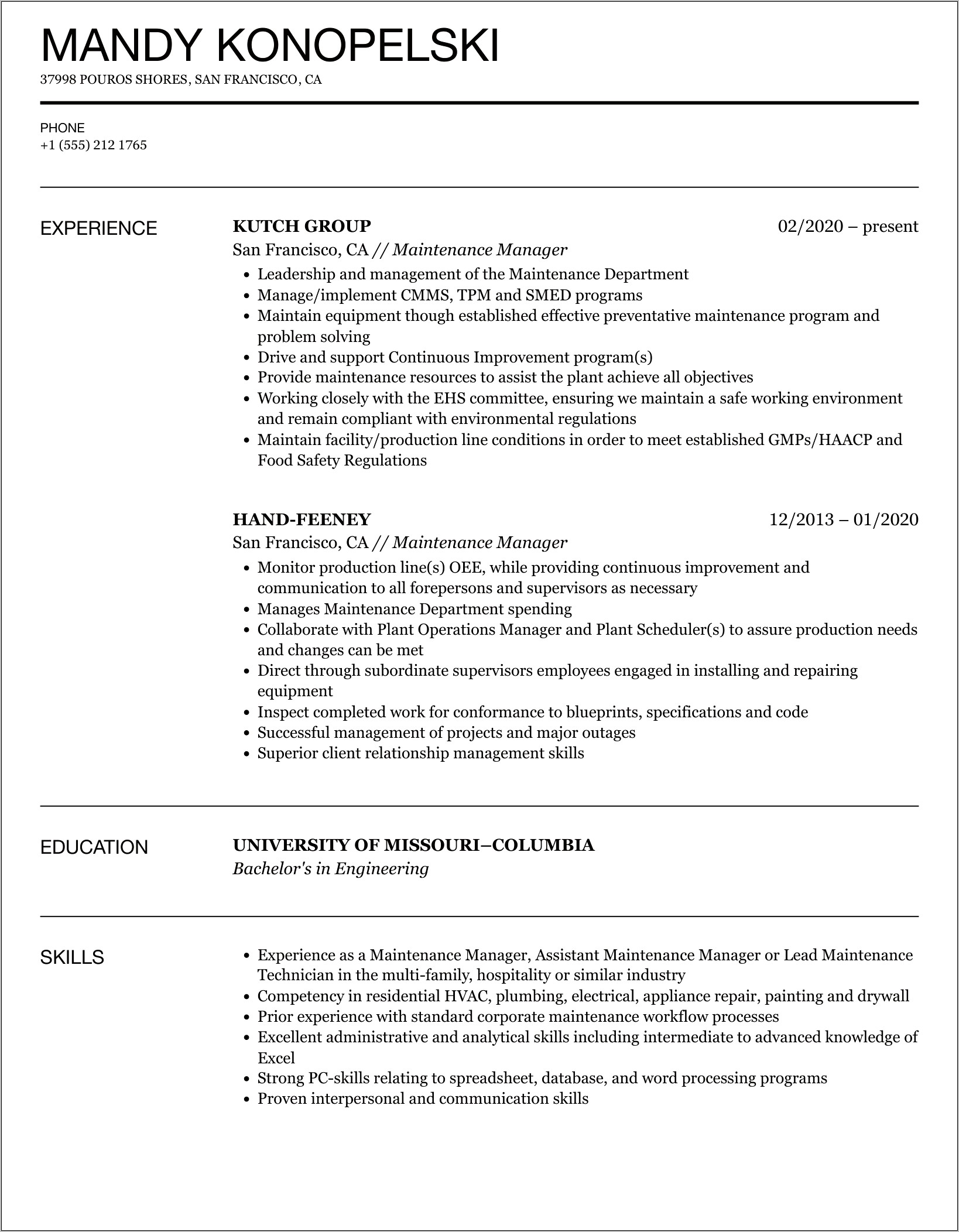 Free Resume For Maintenance Manager