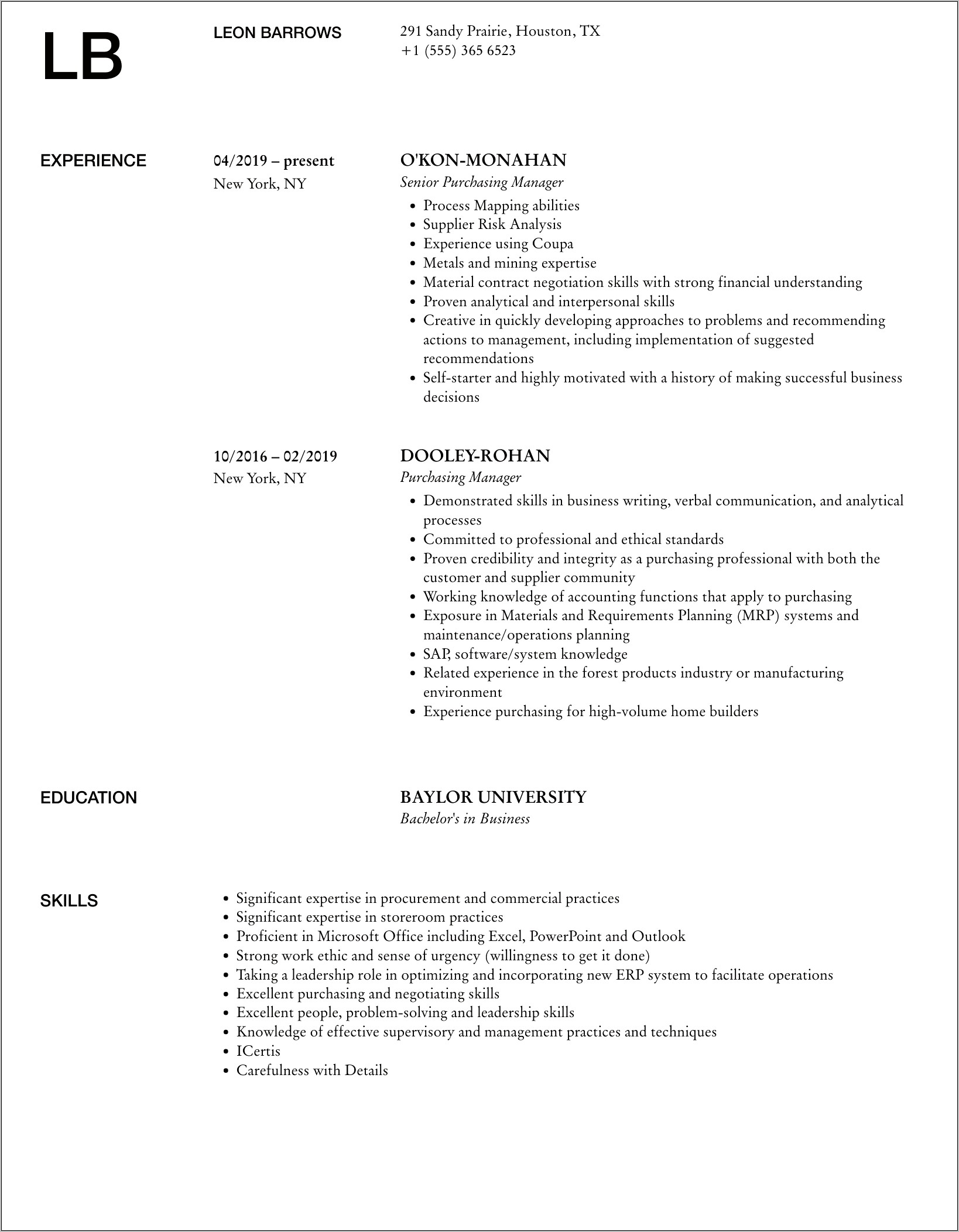 Free Resume Format Purchase Manager