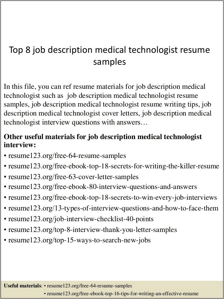 Free Resume Samples Medical Technologist
