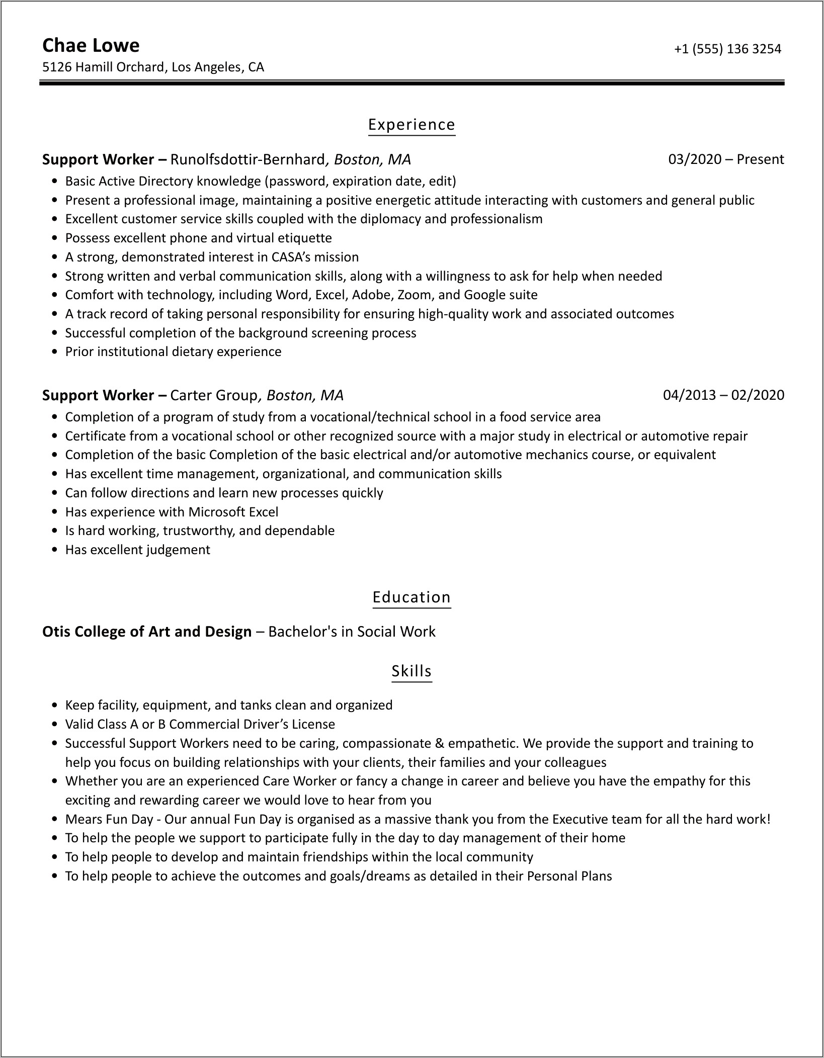 Free Sample Resume For Psw