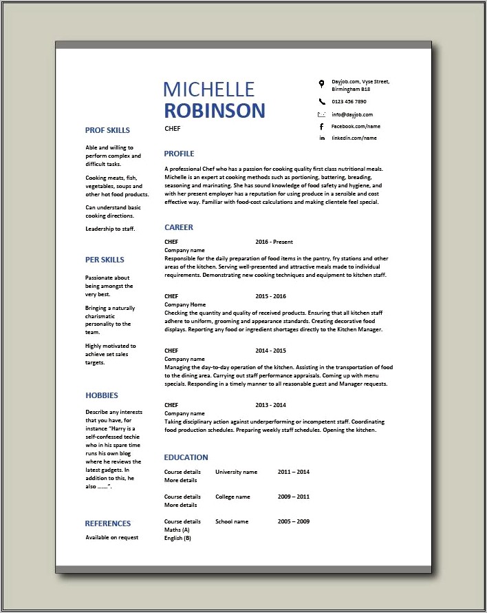 Free Sample Sous Chef Resume