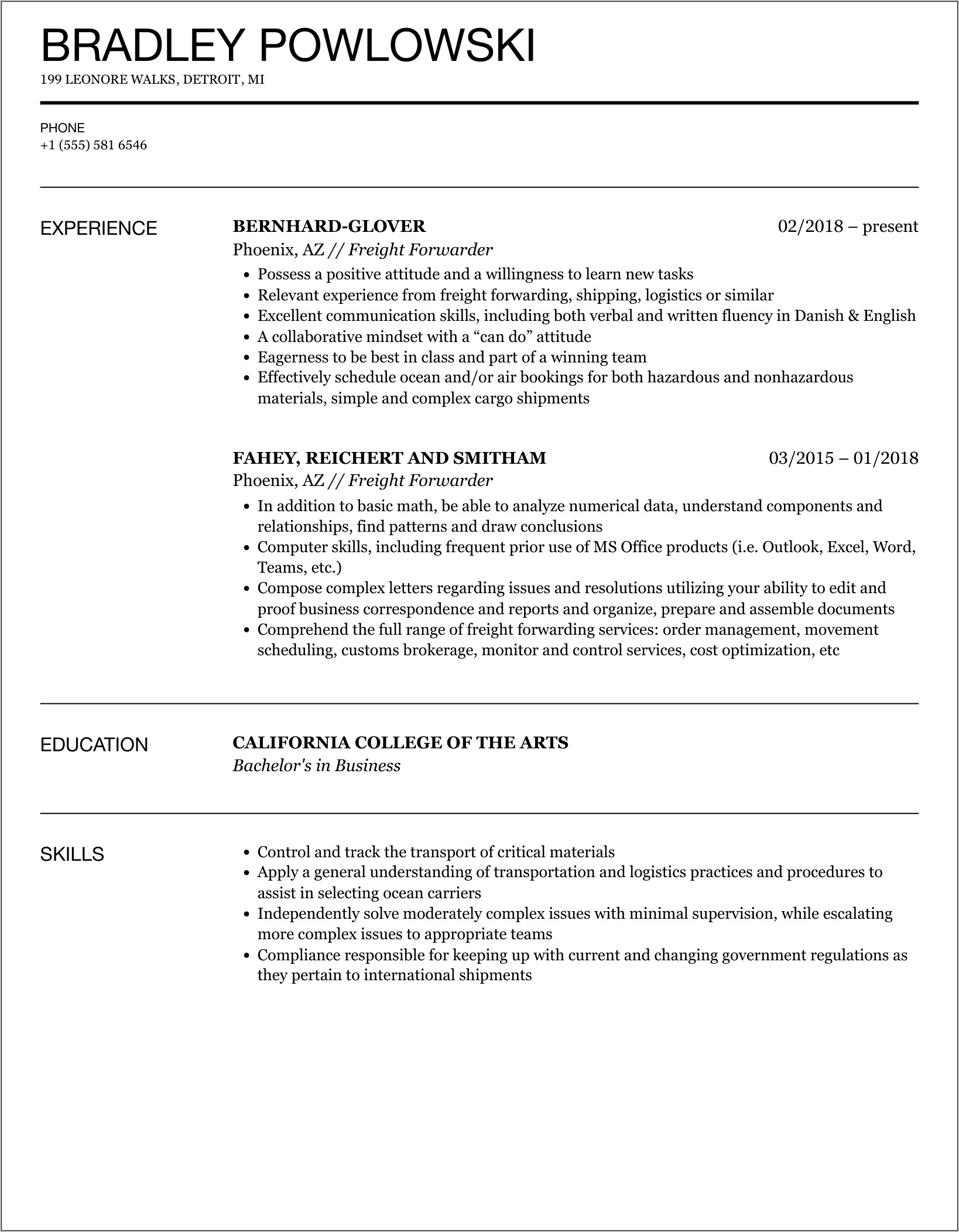 Freight Forwarder Job Description Resume