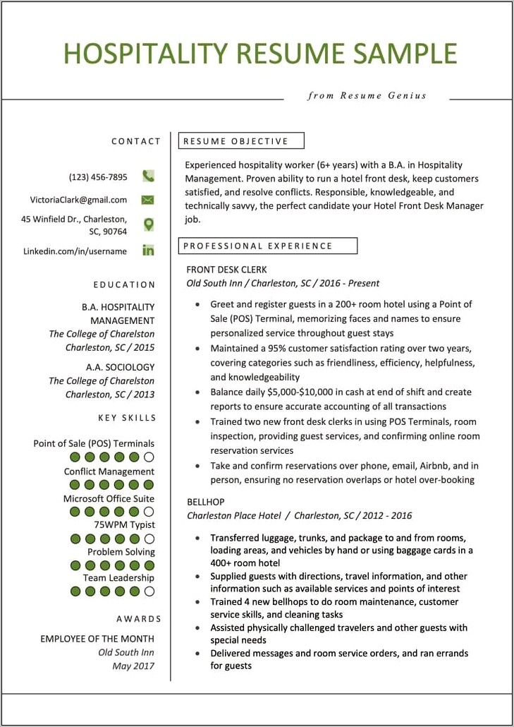 Front Desk Agent Resume Example