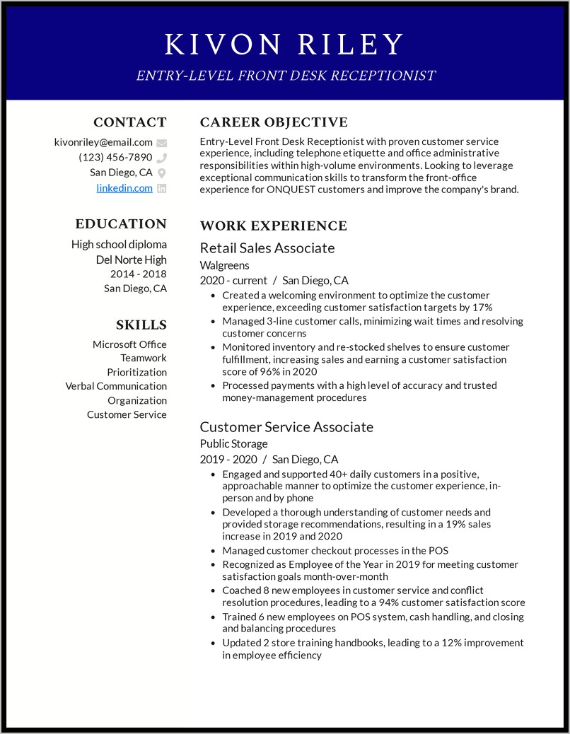 Front Desk Attendant Resume Example