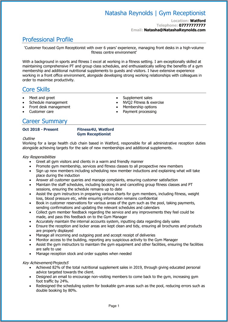 Front Desk Gym Resume Example