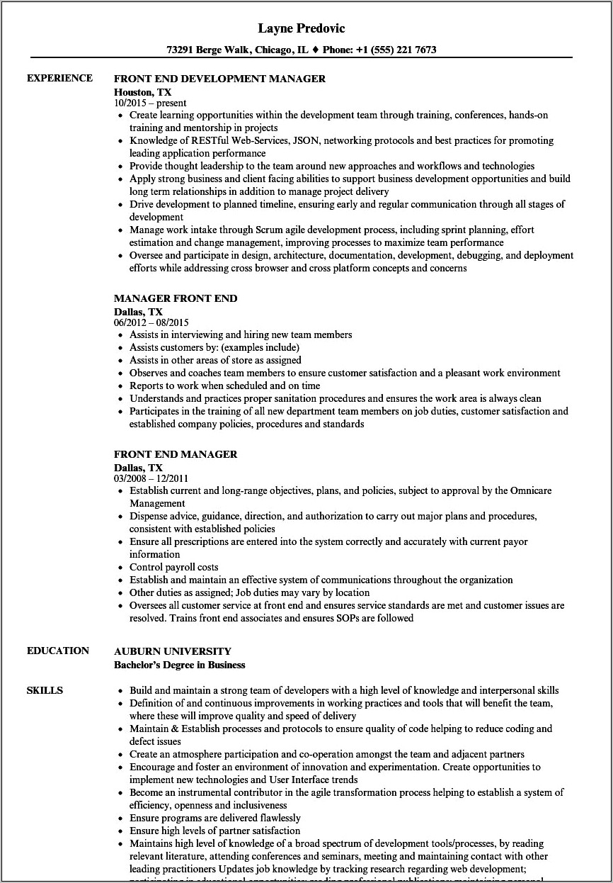 Front End Supervisor Resume Examples