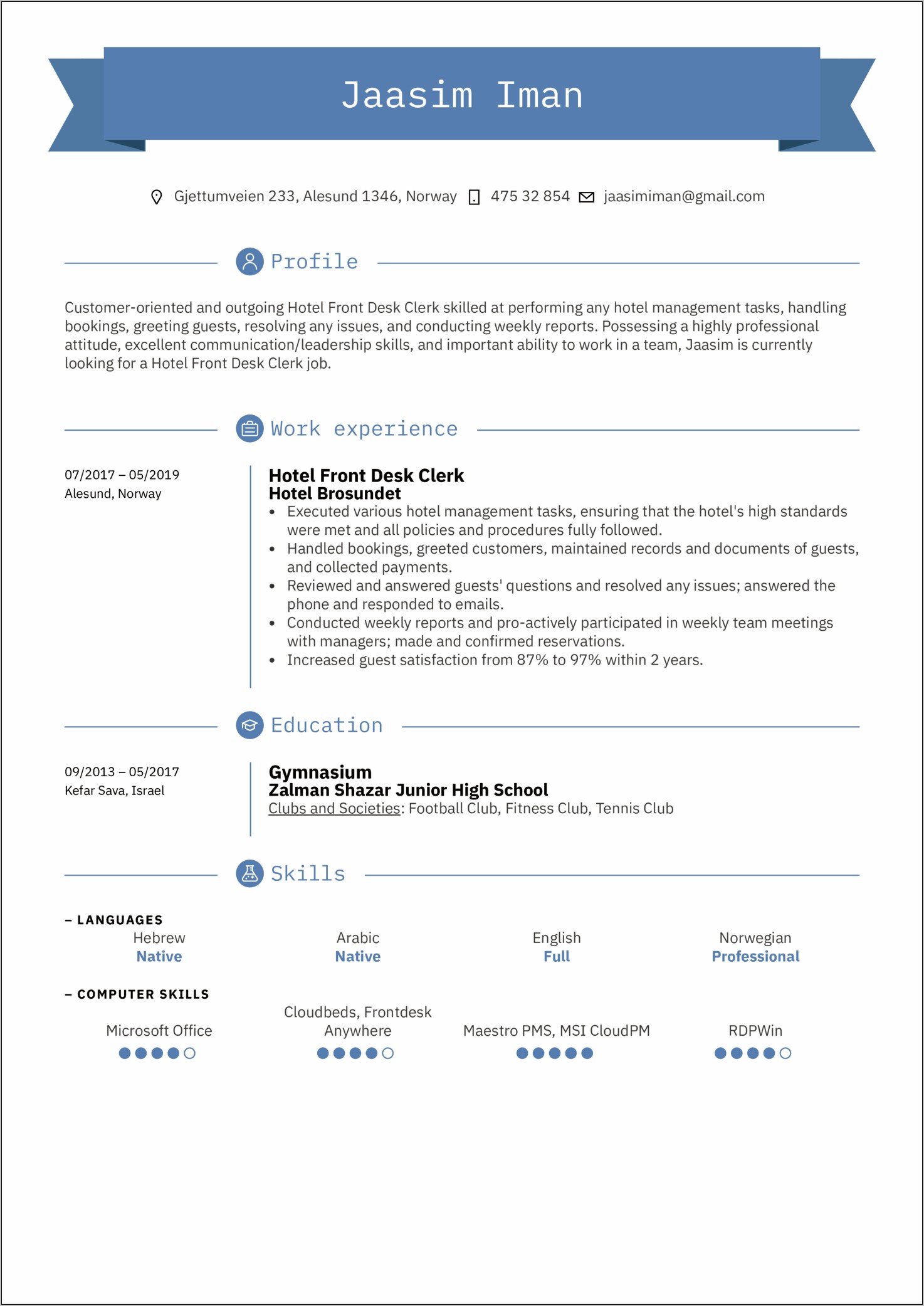 Front Office Agent Resume Sample