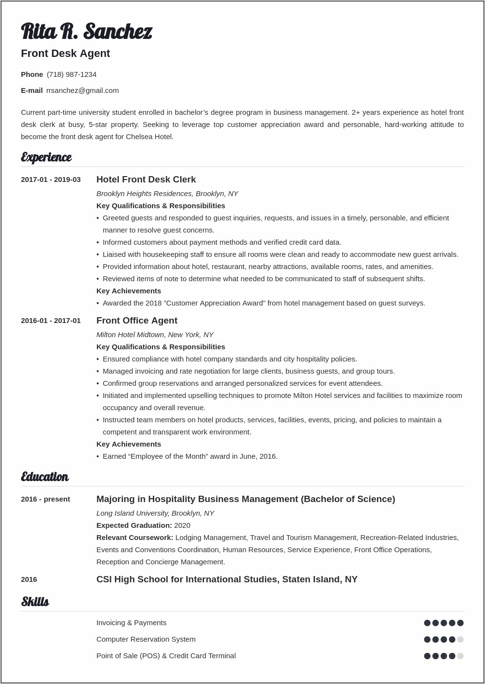 Front Office Manager Skills Resume