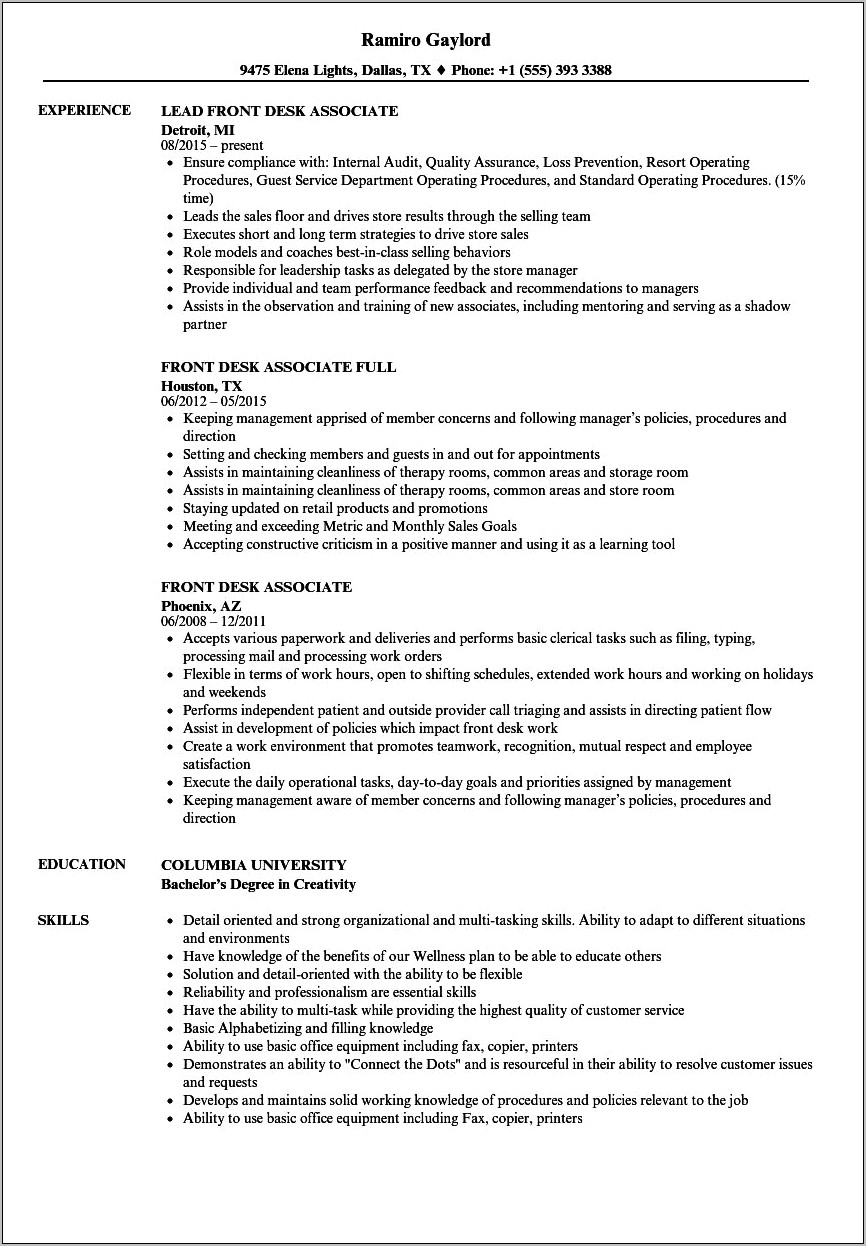 Front Office Objective For Resume