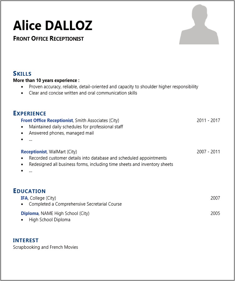 Front Office Skills For Resume