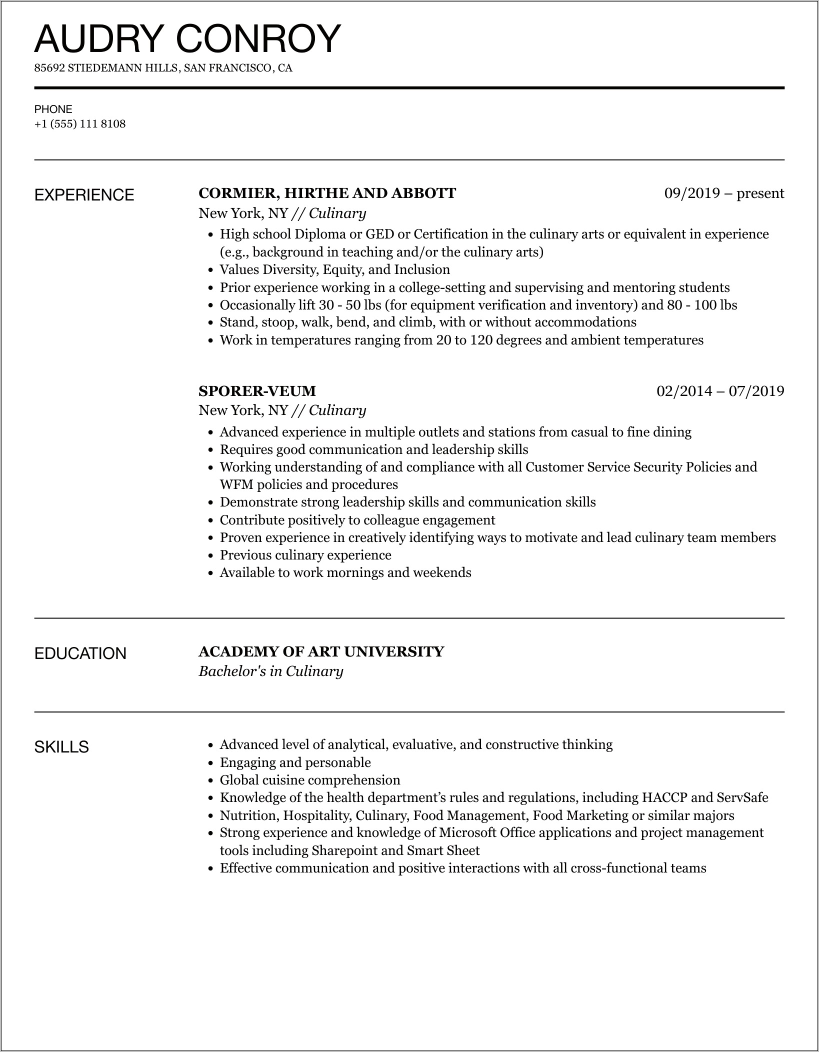 Functional Resume Example For Culinary