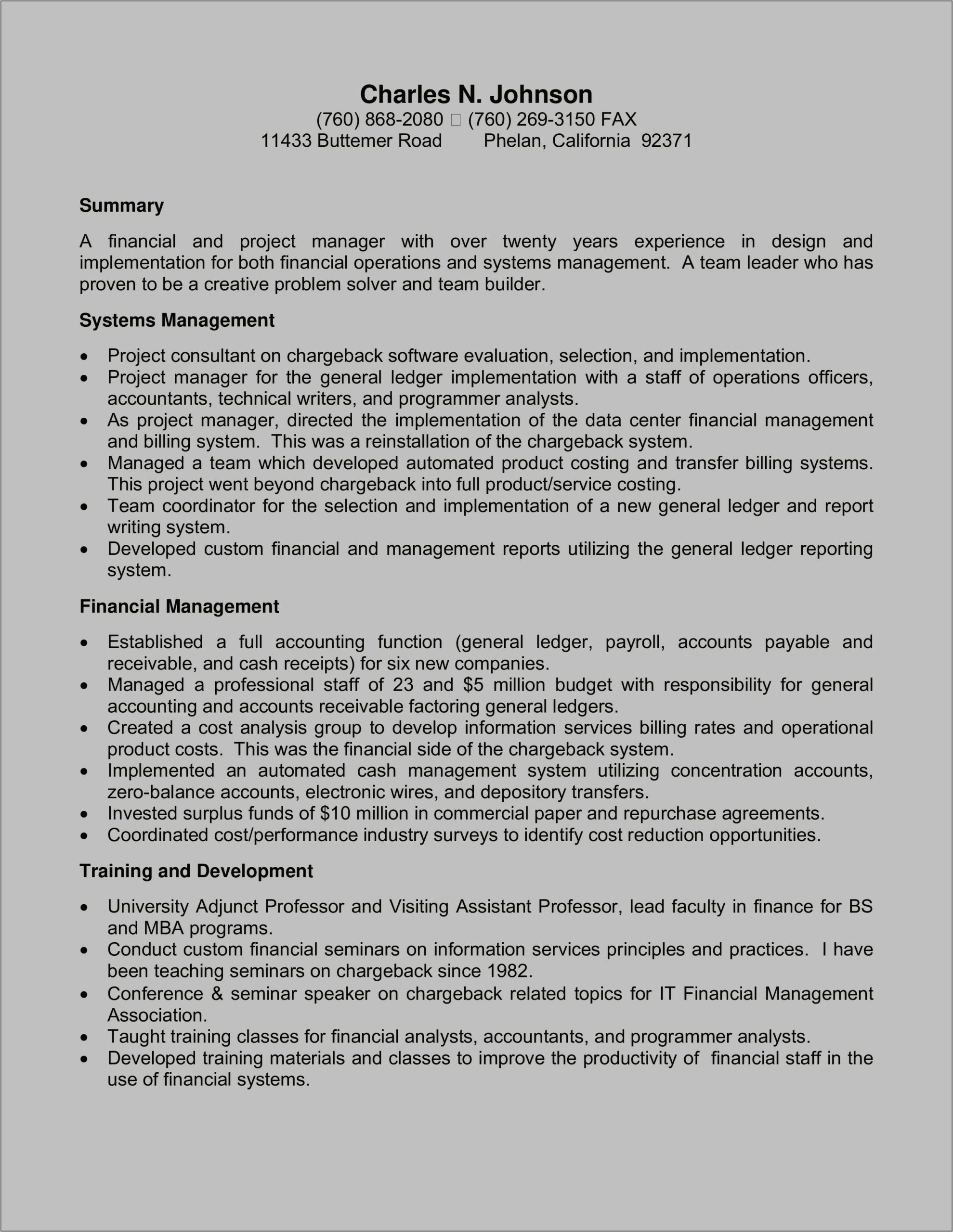 Functional Resume For Management Position